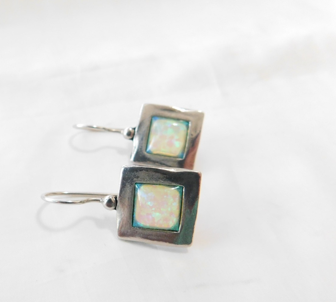 Sterling Silver 925 Square Opal Dangle Earrings M… - image 5