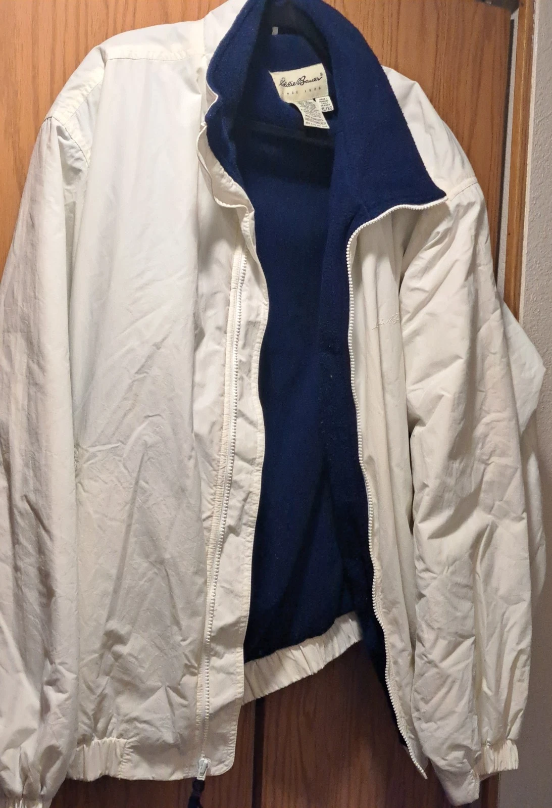 Eddie Bauer men’s Zipper Polartec Winter Jacket White with Blue Lining XL XG