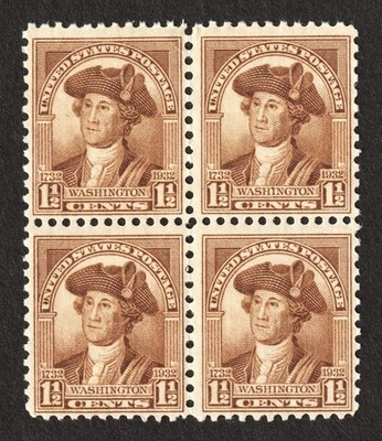 1932 George Washington  93 year old 1 1/2 Cent US Postage Stamp Block of 4 MINT!