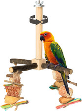 Rotating Parrot Perch Toy with Chew Toy, Natural Wooden Perch Stand for Small 