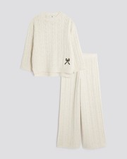 River Island Girls Jumper & Trousers Set Cream 2 Piece Cable Knit Bow Wide Leg