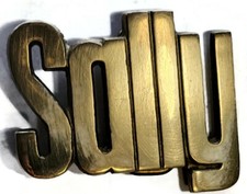 Name 'Sally' Solid Brass Metal Belt Buckle R.O.C.Taiwan 4738 1970s 2" X 3"