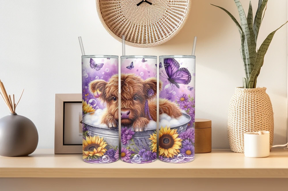 Tumbler Skinny 20oz  w/ Lid & Straw     HIGHLAND COWS !!