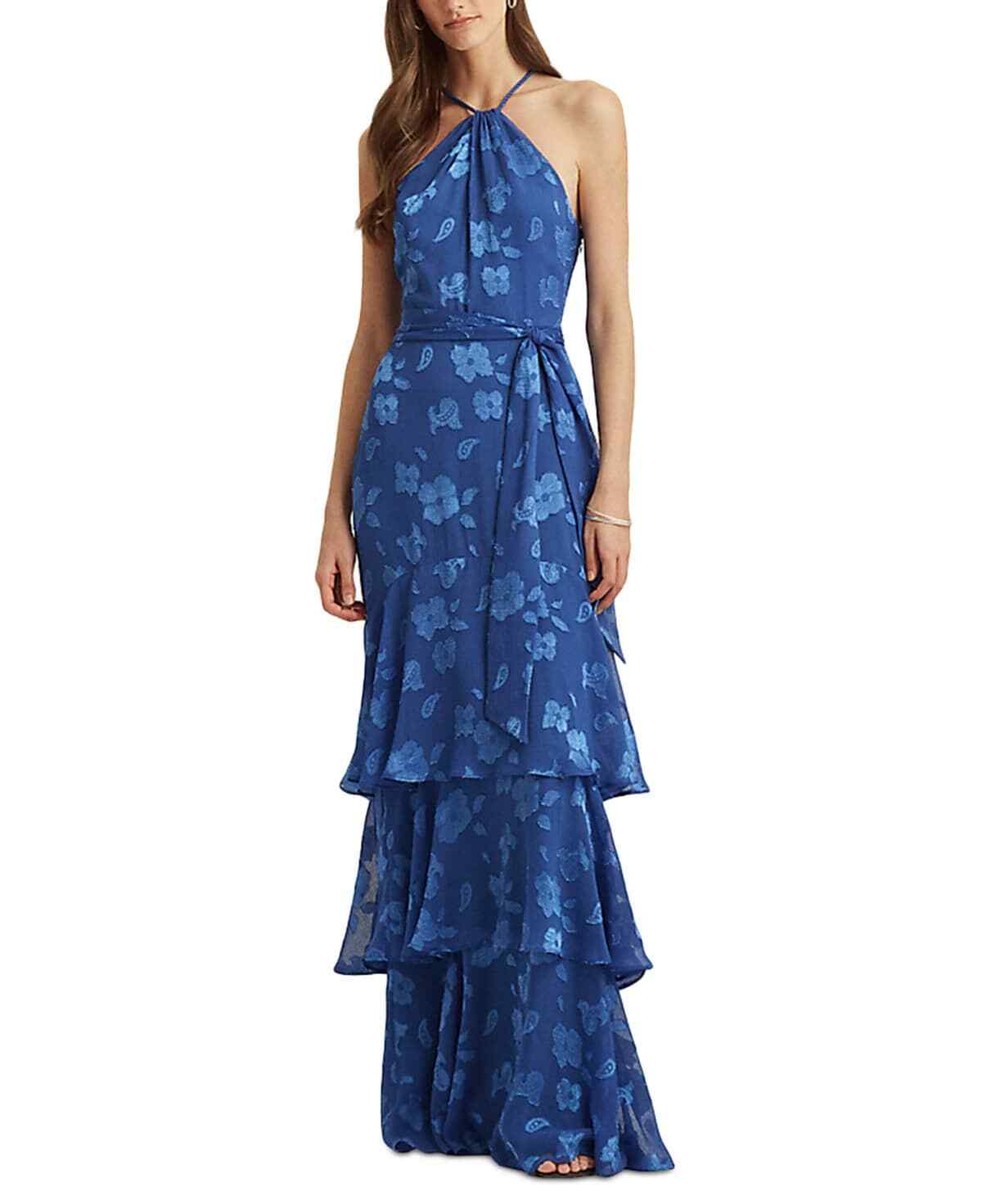 Ralph Lauren イブニングドレス RING飾り BLUE Lauren Ralph Lauren Women's Blue Jacquard Halter Gown Dress