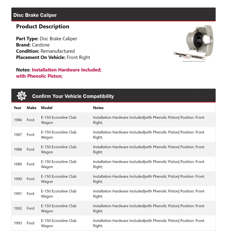 Pinza de freno para Ford E-150 Econoline Club Wagon 1986-1993 Fr derecha Cardone Foto 2 de 4