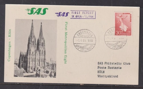 Denmark 1964 SAS First Flight Copenhagen to Koln Card
