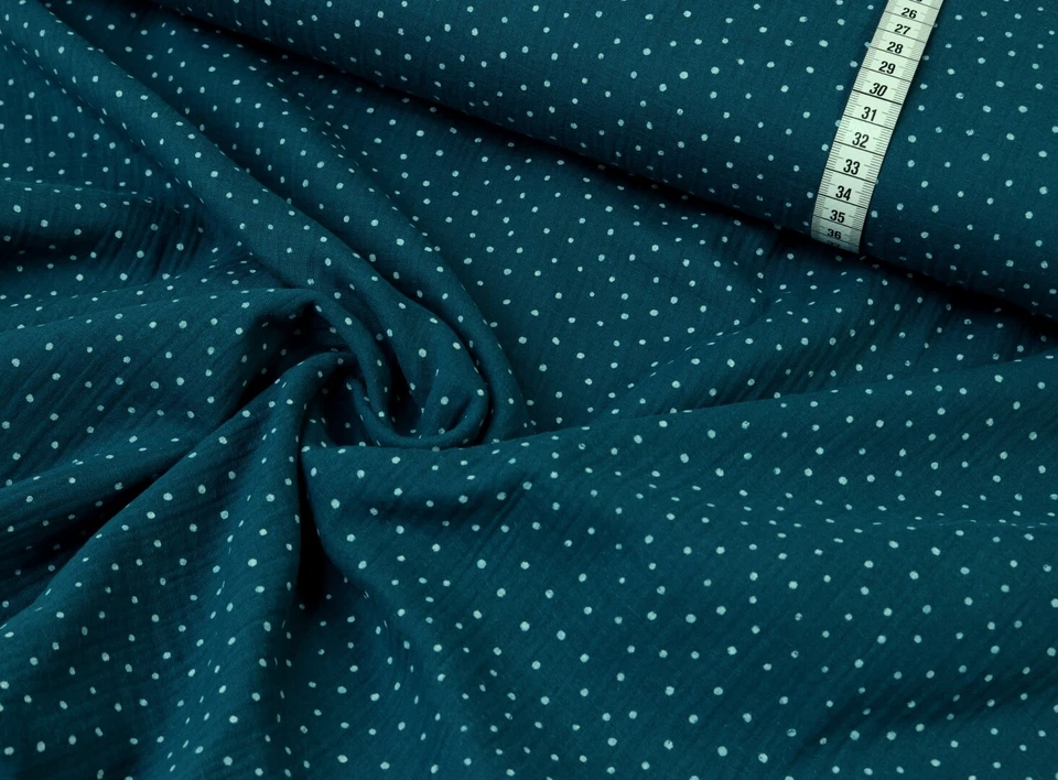 MARKENLOS Musselin Stoff Double Gauze Bluse Kleid Tücher Tupfen auf PETROL EUR 11,98/m