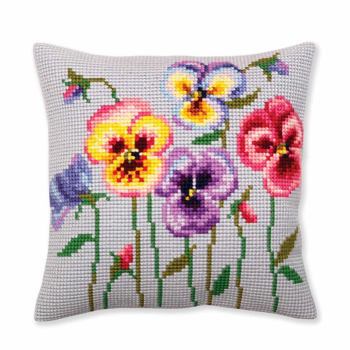 CdA stamped cross stitch kit cushion ""Pansies"" 5384, 40x40cm, DIY
