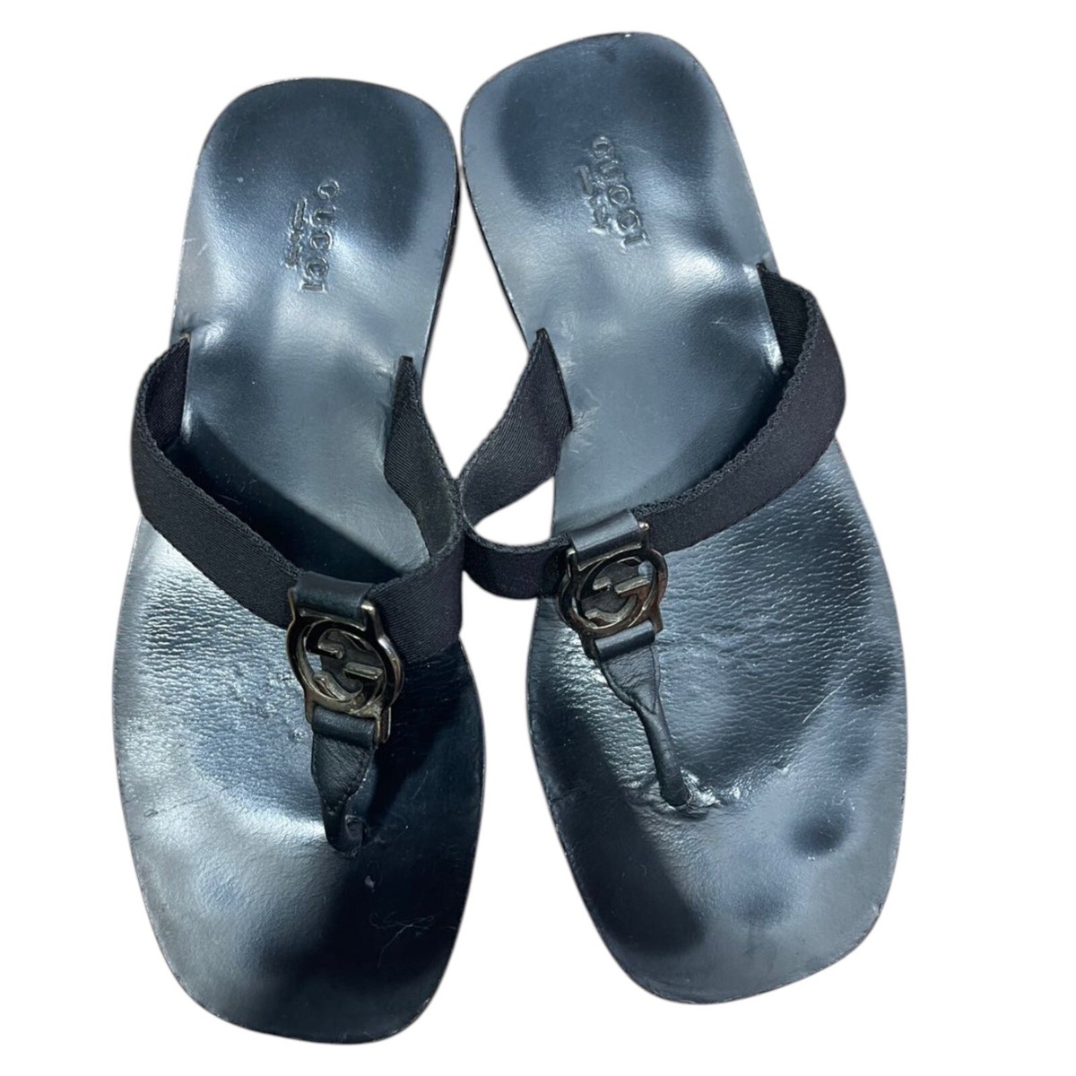 GUCCI Black GG Interlocking Flat Thong Sandals, Size 38