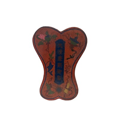 Chinese Distressed Brick Red Treasure Graphic Ribbon Shape Box ws3376
