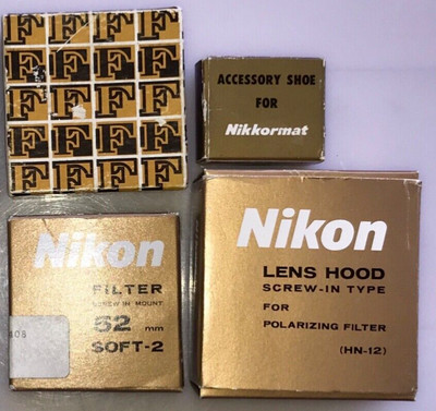 Nikon lot BR2, HN-12, F3 Nikkormat Shoe, 52mm Soft Focus Filter in box Nikkor