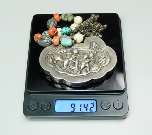 Antique 925 Silver Chinese 3" Lock Pendant Necklace Turquoise Red Coral 24" Long - Picture 4 of 13