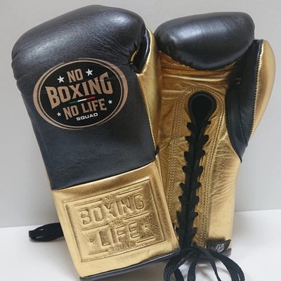 No Boxing No Life Boxing Gloves   Gold & Black Lace Up   Premium Training Fight