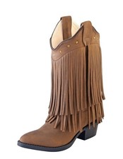 Old West Cowboy Boots Girls Leather Fringe Narrow Toe Chocolate 8125