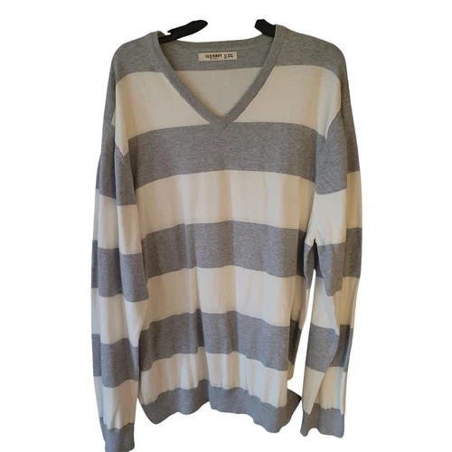 Old Navy Mens Striped Sweater XXL 100% Cotton Light Gray Cream Knit Long Sleeve - Picture 1 of 18