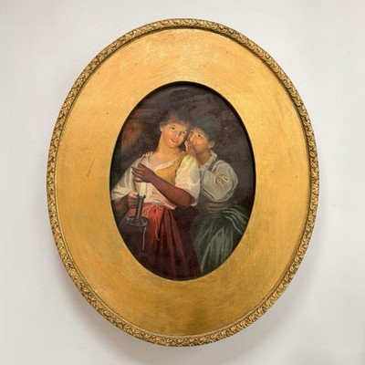 Antique Mid 19th Century The Gossips by G. Hom Gold Oval Framed Oleograph Print