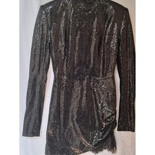 House of CB London Black Sequin Mini Dress Long Sleeve Lace Hem Small
