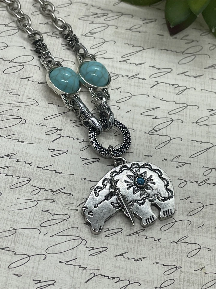 COLLAR TURQUESA Pluma de Oso Azteca Oeste Suroeste Estilo Nativo Plata Otoño Foto 4 de 4