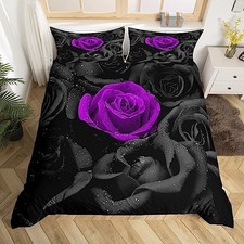 Rose Bedding Set Black Purple Rose Floral Flower Comforter Cover Full Multi 16