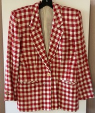 VTG 80s Red White Plaid Gingham Blazer Rayon Silk Power Shoulder Pads ILGWU 6
