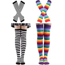 2/4 Sets Womens Striped Knee High Socks Long 2sets Striped Black rainbow Purple