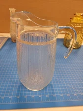 Vintage France Glass Pitcher Embossed Ribbed Design Water Juice Carafe 9.5" Tall