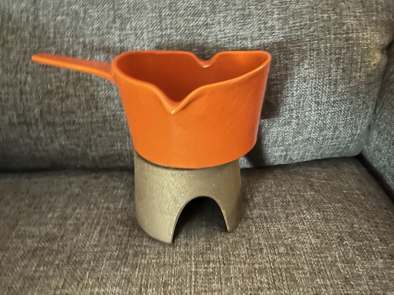 Michael LAX Copco Midcentury Modern Orange Enameled Fondue Double Spout & Stand
