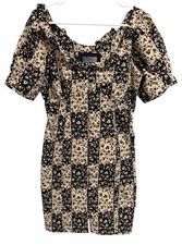 Anthropologie Ruffled Puff Sleeve Floral Smocked Dress   Tan/Black Womens Size 8