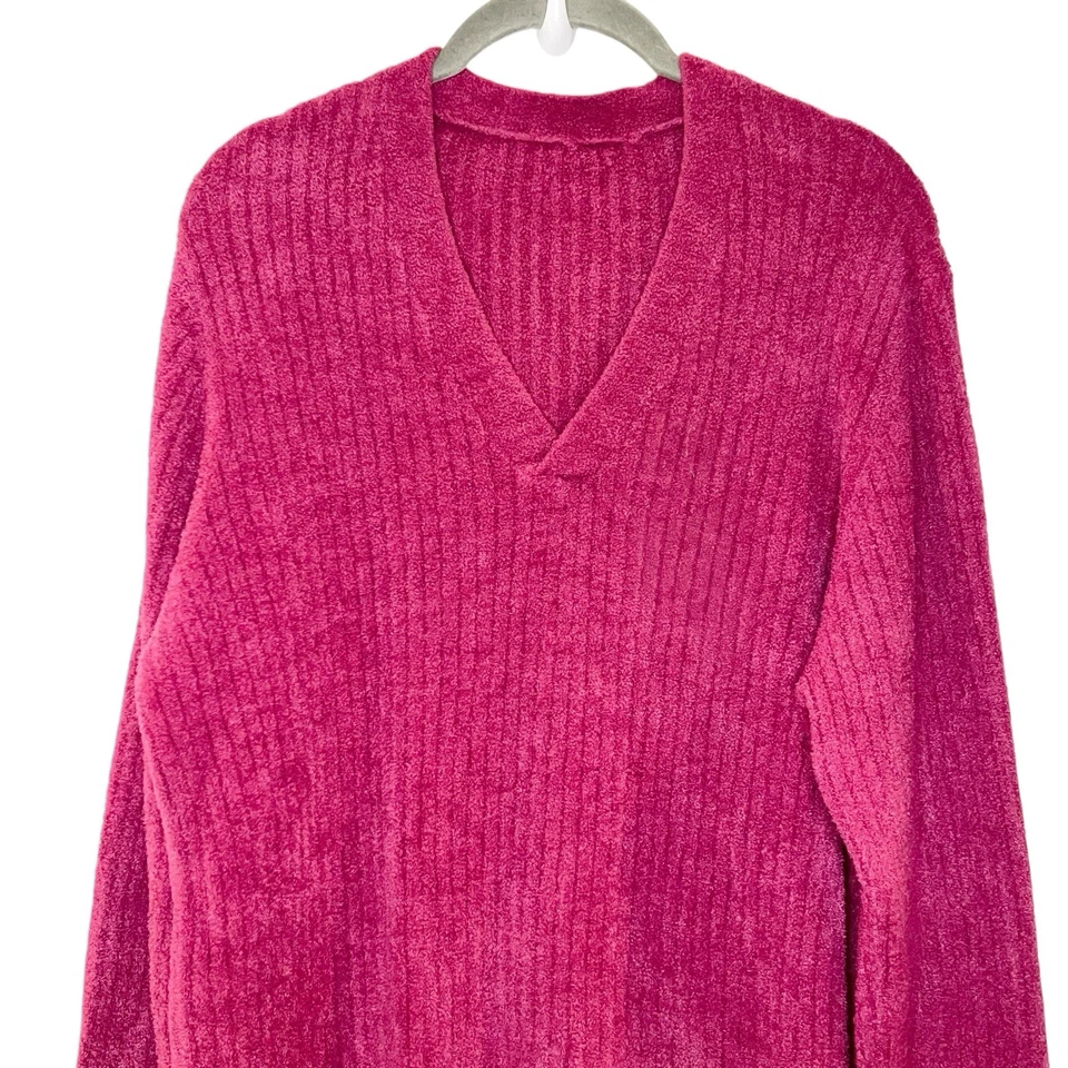 Pullover Acanalado Cuello en V CozyChic Barefoot Dreams Rosa Caliente Suave Talla L Foto 3 de 4