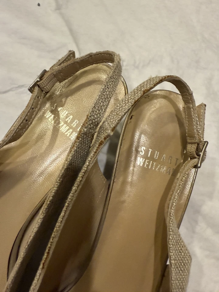 Stuart Weitzman Beige Flax Leather Cap Toe Bow-Buckle Mid-Heel 7,5 M - Image 4 of 4