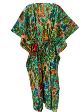 Indian Green Long Frida Print Cotton Hippie Maxi Women Nightwear Caftan Dress