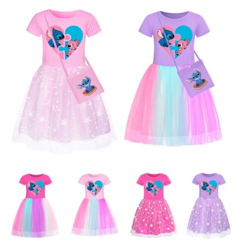 New Girls Lilo Stitch Cartoon Mesh Dress Party Princess Birthday Gift - Picture 1 of 36