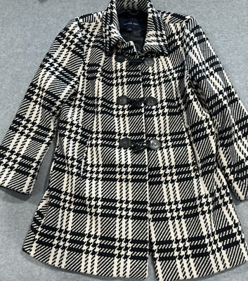 Lands End Womens Coat Black/White Plaid Wool Mid-Length 14 Petites Toggle  Button