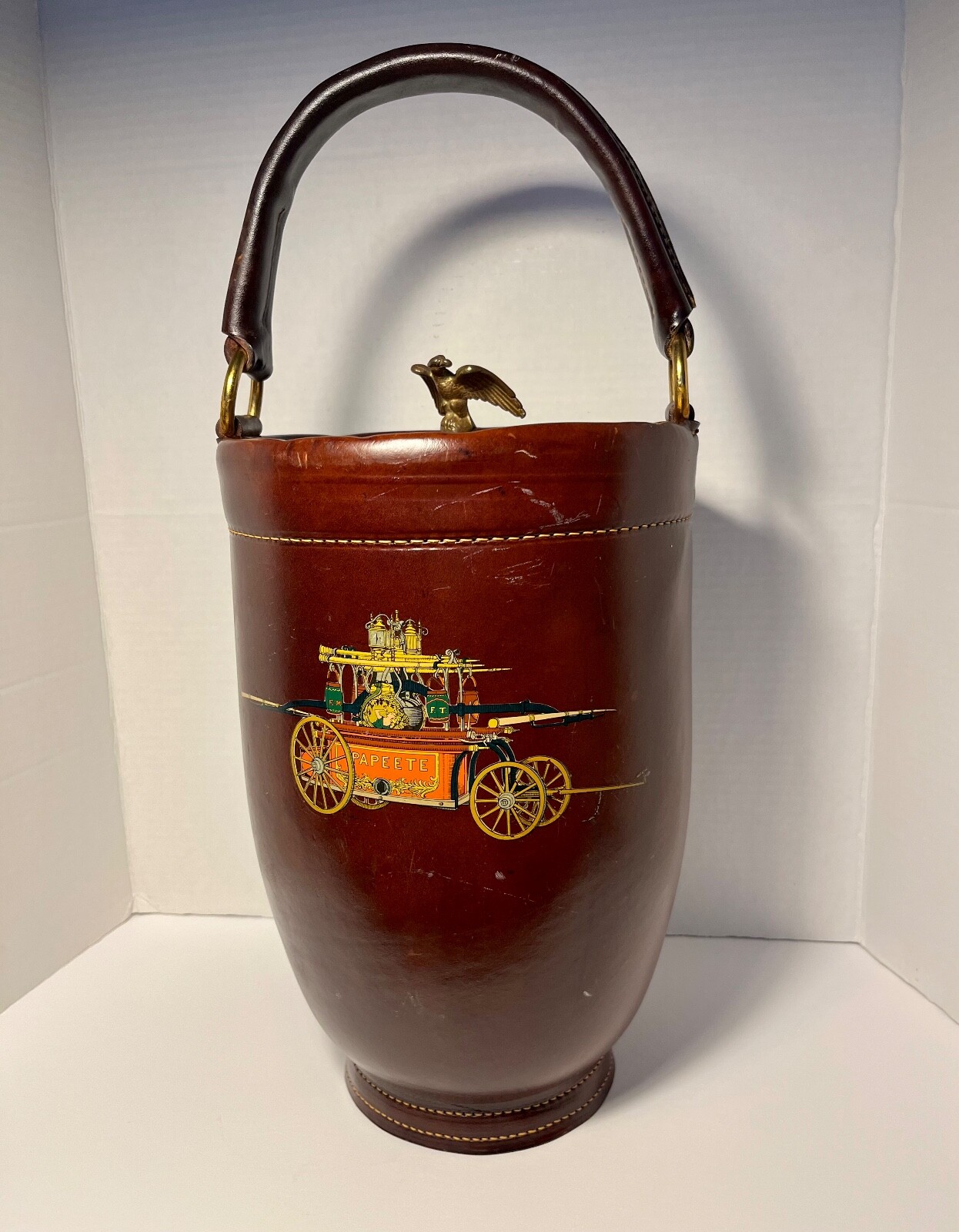 Vintage Loyal Papeete Leather Ice Bucket Reproduction of Fire Bucket 18" tall