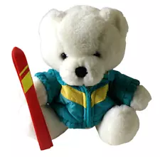 Dakin Vintage 1987 White 10" Plush Snow Bear with Blue Ski Jacket and Red Skis 