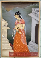 Mughal Indian Gouache Miniature Painting Court Woman Indo Persian Islamic Art