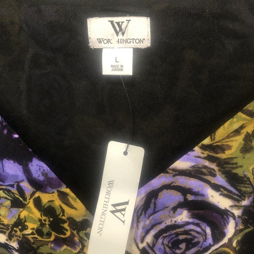 Purple Yellow Rose Black Stretch Cinch Spring floral Shirt L/S V-neck Large NWT - Picture 2 of 13