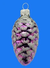 EUROPEAN BLOWN GLASS PURPLE SILVER PINE CONE CHRISTMAS TREE ORNAMENT GLITTER