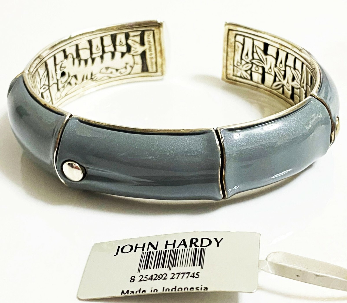 $1,100 John Hardy sz M Gray Bamboo Enamel Sterling Silver Kick Cuff  Bracelet NWT