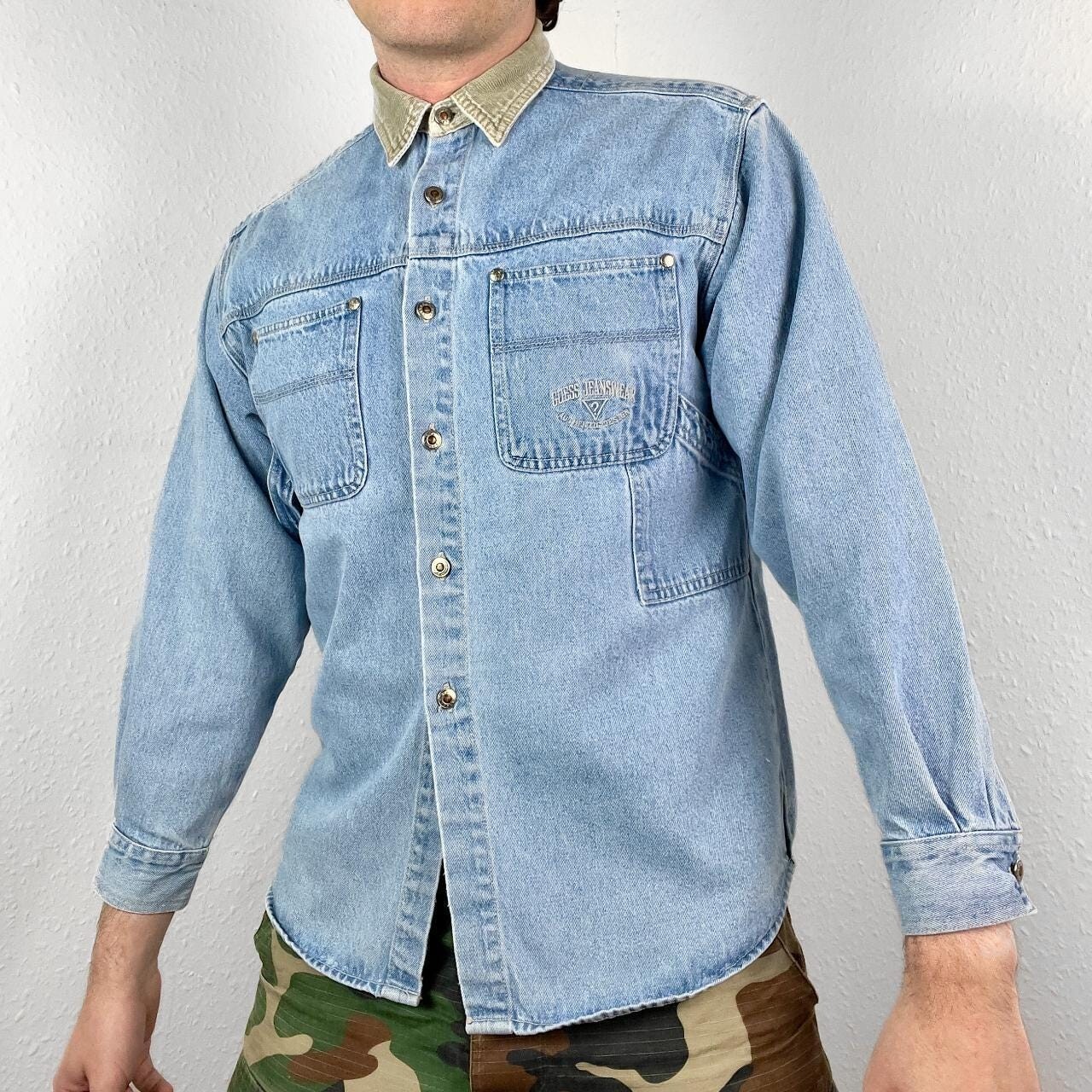 Vintage Guess Denim Jean Utility Shirt Workwear Chore Overshirt Shacket 80s 90s