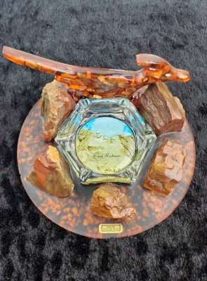 Vintage Petrified Wood & Mineral & Lucite Ashtray Roadrunner