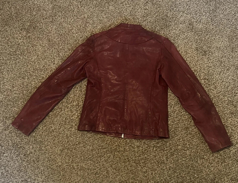 Womens Red Oxblood Doma Mock Neck Lamb Nappa Leather Jacket XL - Image 2 of 4