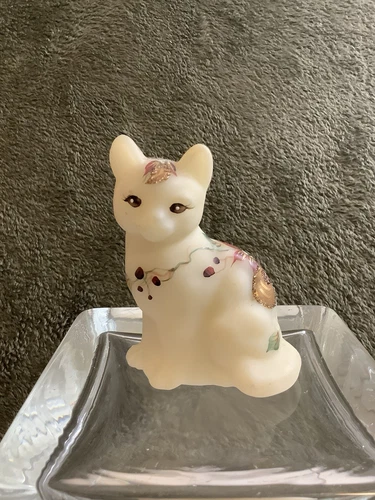 Fenton Floral Hand Painted Milk Glass Cat  Figurine 3" 1/2  Signed