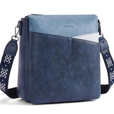 POIUGOYA Leather Crossbody Bags for Women,Medium Medium, Navy/Skyblue/White