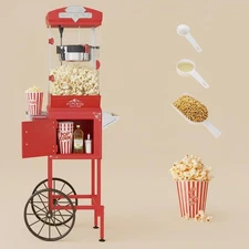 HUGROVE 10oz Popcorn Machine Cart Vintage Theater Stainless Kettle w/ Wheels