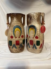2 Native American Design Pottery Vases Hand Made In Japan, Hand Painted Nice!!