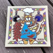 Earthtones "Feline Chef Cat" by KRIT Vintage Pottery Wall Tile or Trivet 1999