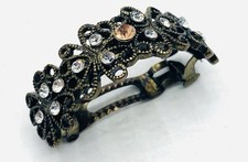 Vintage Silver-toned floral hair barrette Clear rhinestones Crystals amber Y1