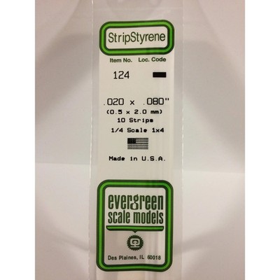 Evergreen 124 Styrene Plastic Strips 0.020''x 0.080'' x 14'' (10)