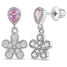 Groovy CZ Flower Dangle Children's / Girls Earrings Screw Back - Sterling Silver